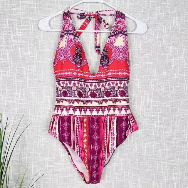 NWT Nanette Lepore 12 Poppy Plunge Red & Purple Print Halter One-Piece  Swimsuit 3