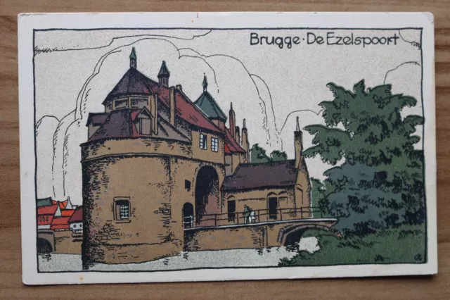 Belgien Künstler Steinzeichnung Litho AK Brügge Brugge Ezelspoort 1910-20er BE13