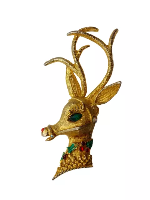 Vintage Mylu Brooch Pin Reindeer Christmas Green Eye Holly Gold Tone 3"