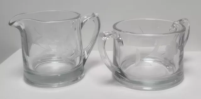 Ectched Daisy and Leaves Clear Glass Open Sugar and Creamer Set 2