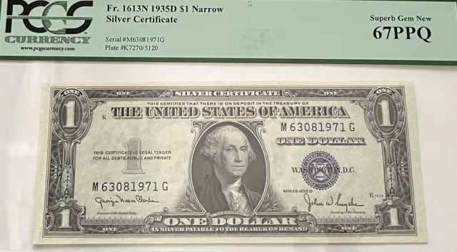1935-D $1 Silver Certificate Narrow MG Block Fr. 1613N PCGS 67 Super Gem Unc PPQ