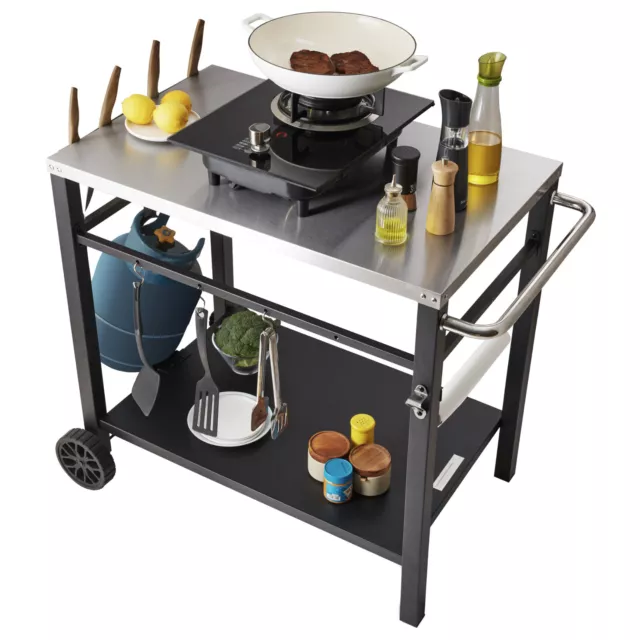 VEVOR Outdoor Grill Dining Cart Double-Shelf BBQ Movable Food Prep Trolley Patio