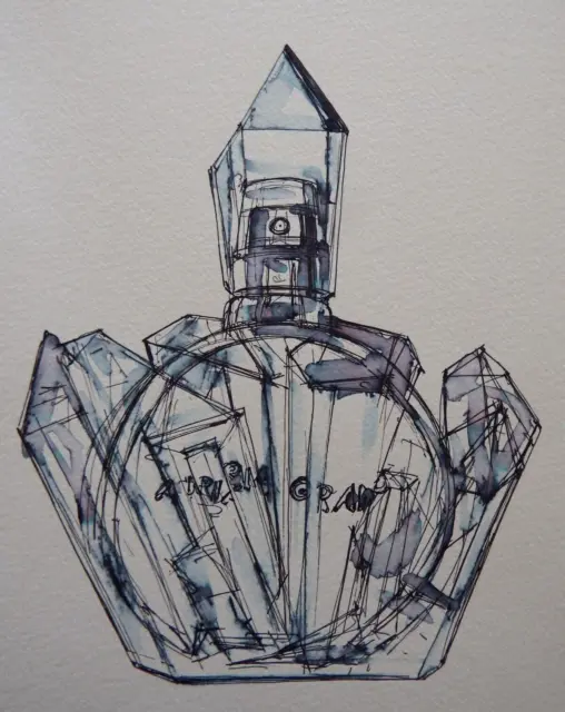 Ink Drawing of a Bottle of Arianna Grande R.E.M Perfume on Watercolour Paper
