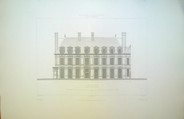 Ancienne Gravure d'Architecture Hôtel Sully, façade sur le jardin