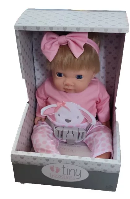 44cm/17in Tiny Treasures Baby Doll Pink Bunny Outfit -  Realistic Boxed Car Seat