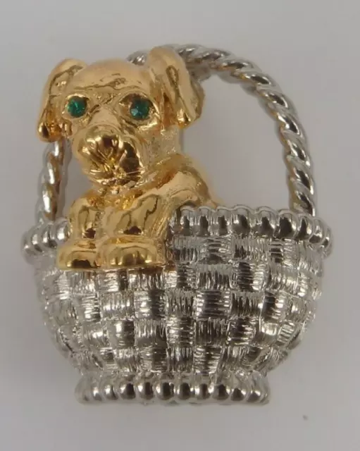 Neugablonz: Figürliche Brosche "Mops im Korb" Swarovski Elements (83052)