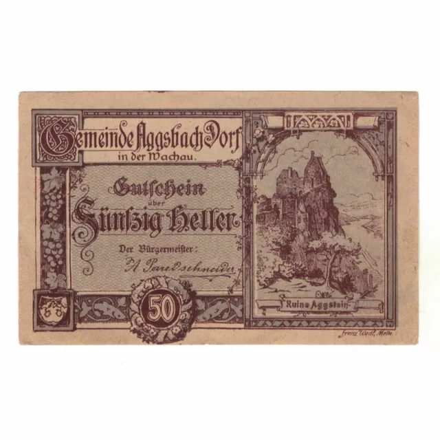 [#323896] Banknote, Austria, Aggsbach Dorf N.Ö. Gemeinde, 50 Heller, valeur faci