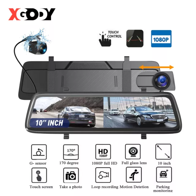 XGODY Touch Rearview Mirror Dual Lens Car DVR Dash Cam 1080P HD Driving Recorder