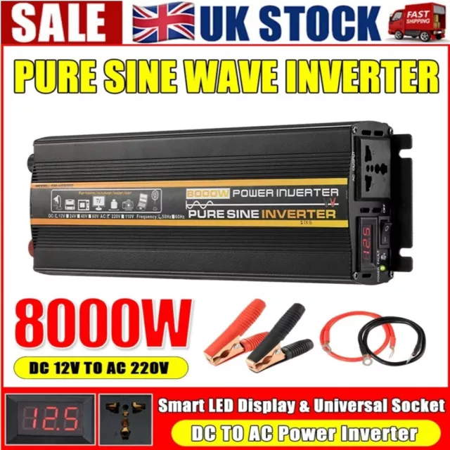 6000W 8000W Pure Sine Wave Power Inverter Converter DC 12V To 220V USB UK