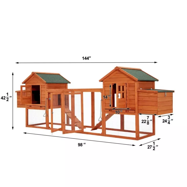 144" Large Solid Wood Chicken Coop Hen House 6-12 Chickens w/ 4 Nesting Box Run 2