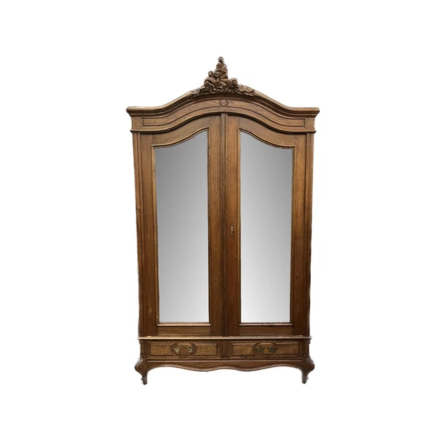 Antique French Louis XV oak mirrored double armoire/wardrobe with drawer