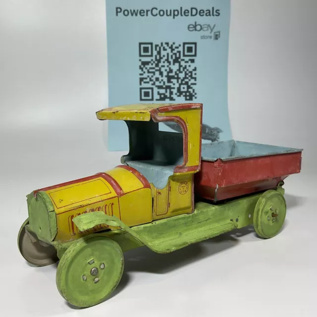 Vintage 1930s J Chein Co USA Tin Toy Truck W/ Dump Bed 9” Long 2/3