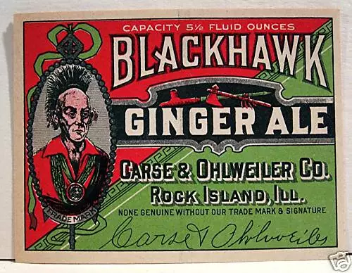 Vintage Black Hawk Ginger Ale Soda Label Rock Island Il