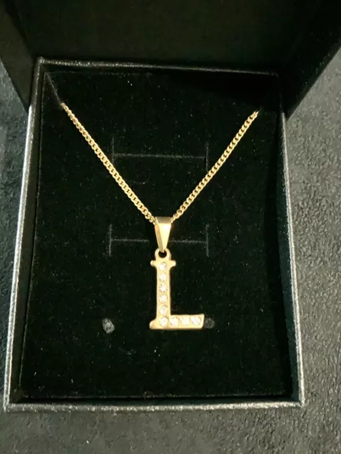 18K 18Ct Gold Filled 20” Chain Necklace With Initial Crystal Letter L & Gift Box