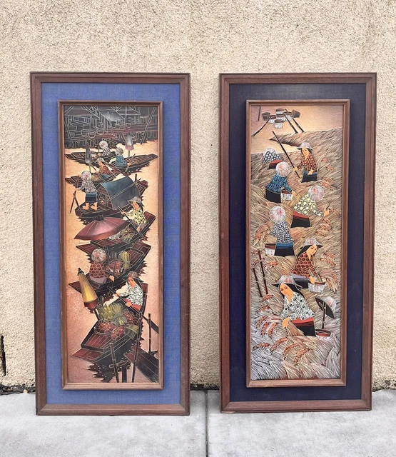 Vintage Woodcuts on Board Pair Framed Signed T. Leena Originals 15”x 34