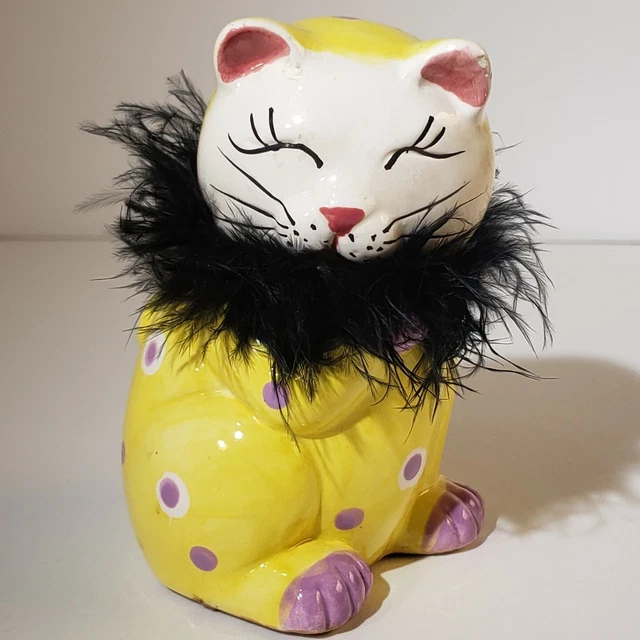 Vintage Fancy Eclectic Yellow Feather Boa Ceramic Cat w/ Purple Polka Dots MCM
