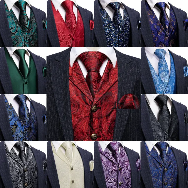 Barry Wang Mens Waistcoats Silk Vest Necktie Handkerchief Cufflinks Set Wedding