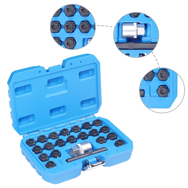 22PC ANTITHEFT LOCKING Wheel Bolt Nut Removal Set Master Key Kit For