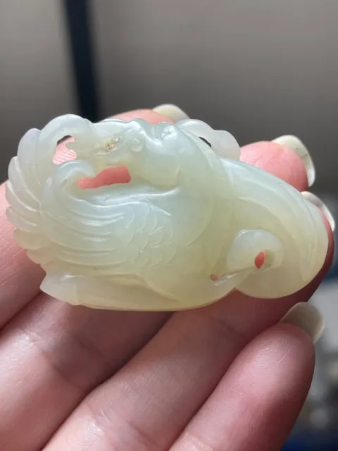 Vintage Natural Chinese Nephrite Jade Phoenix Soft White Carving Two Sided Old