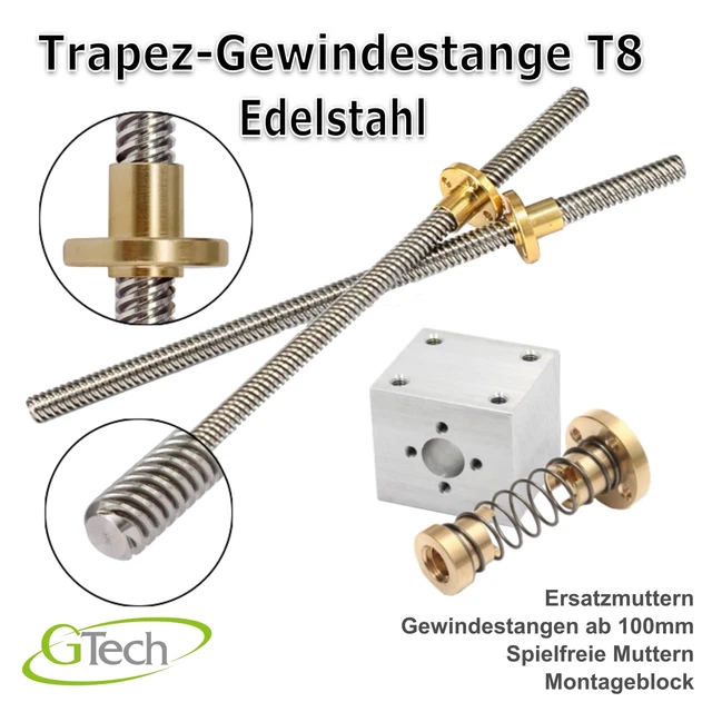 T8 8 Mm Trapez-Gewindespindel Aus Edelstahl – 500 Mm Länge, Mit Messingmutter, Für 3D-Drucker