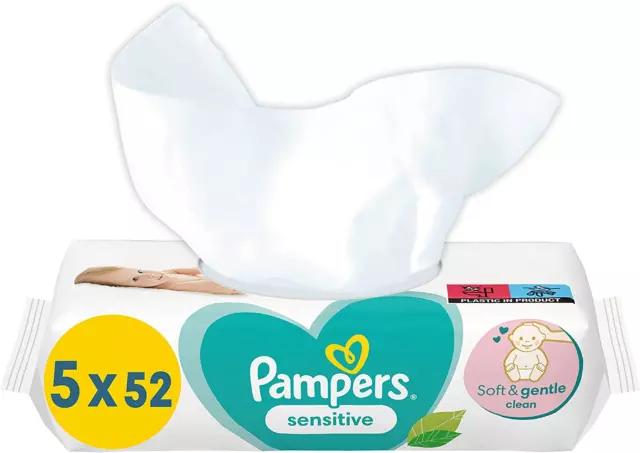 Pampers Sensitive Baby Feuchttücher, 260 Tücher (5 x 52), ohne Duft, für eine sa