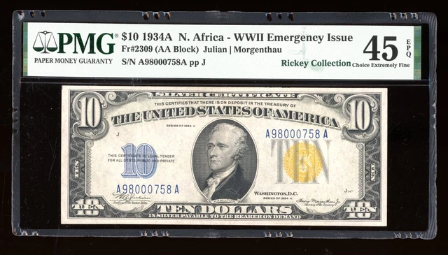 DBR 1934-A $10 North Africa Silver Fr. 2309 PMG 45 EPQ Serial A98000758A