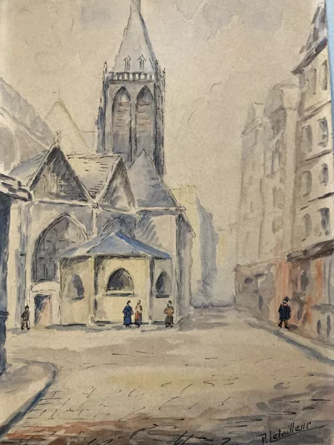 Beau Dessin 1920 Peinture Papier Aquarelle Eglise Cathédrale Rue A Identifier