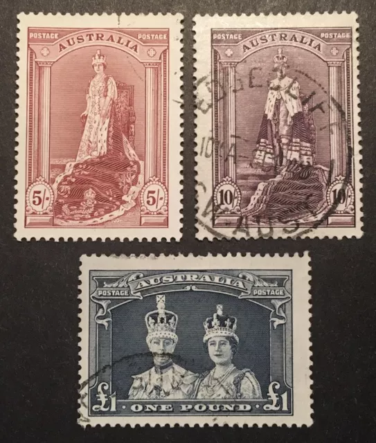 Australia 1937/39 VFU x3 Stamps 5s 10s & £1 (SG 176/77/78) LH