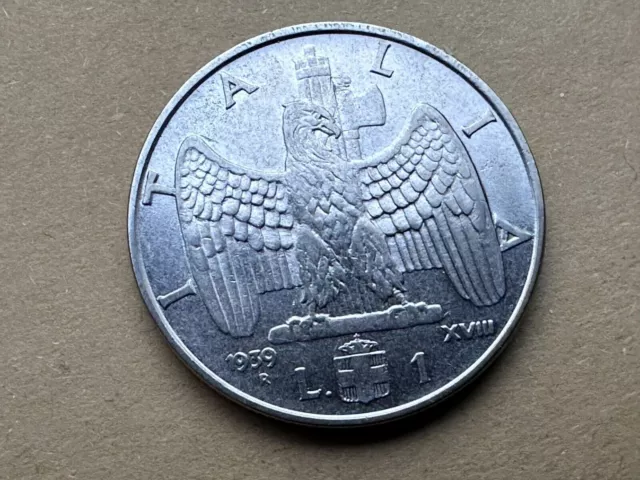 1939 Italy 1 Lira Coin AU   XV111     #W87