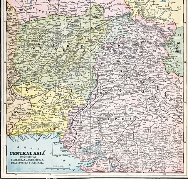 1896 Central Asia Map Turkestan Afghanistan Beluchistan India Delhi Kandahar