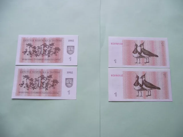 Litauen (Lithuania). Talonas System. 2 UNC Banknoten@1 Talonas (1992)