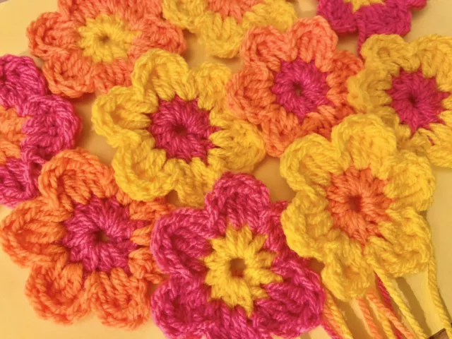 10 Crochet Flowers 2.5” Handmade Applique Sew On Motif Crafts Upcycle Clothing