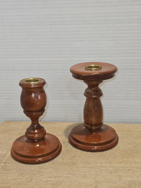 Set of 2 Vintage Wood Carved Hand Turned Taper Candle Holders Decor Sc Goffinet