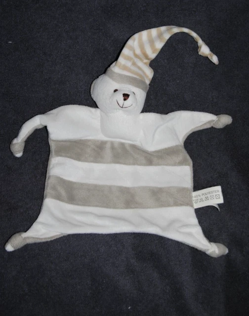 Doudou Ours Plat CREDIT MUTUEL Blanc Gris Rayé Taupe Sans Nœud Papillon TTBE