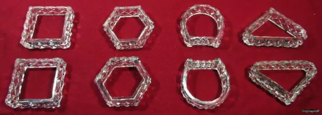 8 Diamond Cut Crystal Glass Napkin Rings Serviette Holders Mid Century