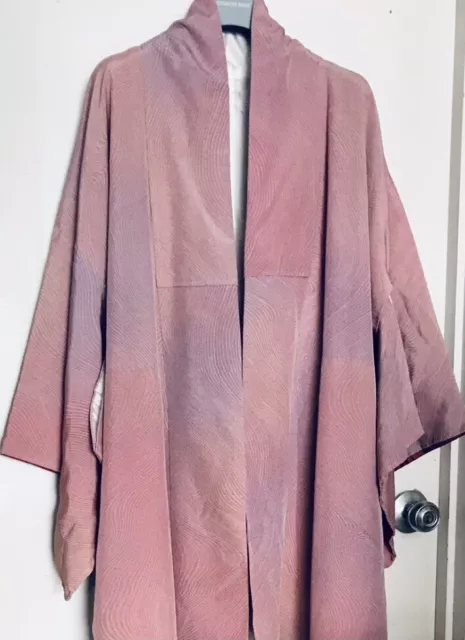 Vintage Japanese Kimono 💕 Woodgrain Pattern Pink Purple Silk Full Length Lined