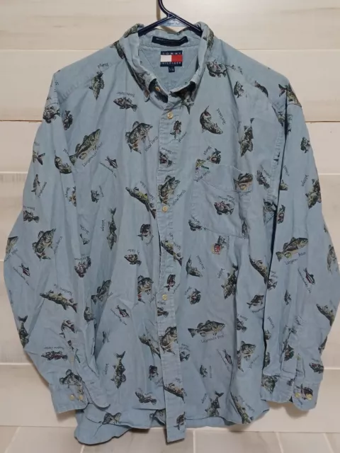 Vintage Tommy Hilfiger All Over Fish Print Long Sleeve Button Up Men's Shirt...