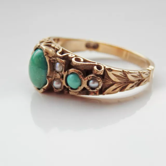 Fine Vintage 9ct Gold Green Turquoise & Pearl Ring c1972; UK Ring Size 'N' 3