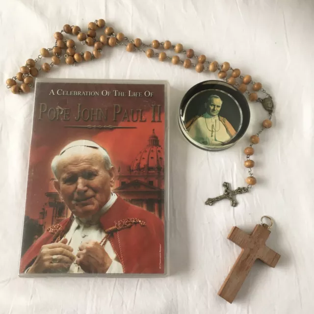 Vintage Pope John Paul II Memorabilia DVD New Rosary Paperweight & Wooden Cross