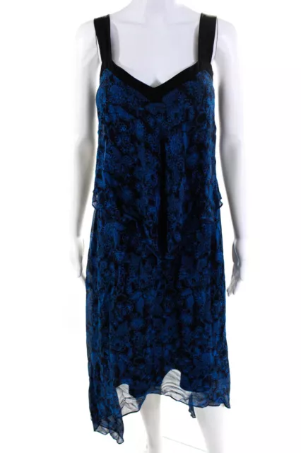 10 Crosby Derek Lam Womens Floral Chiffon V Neck Midi Dress Black Blue Size 10
