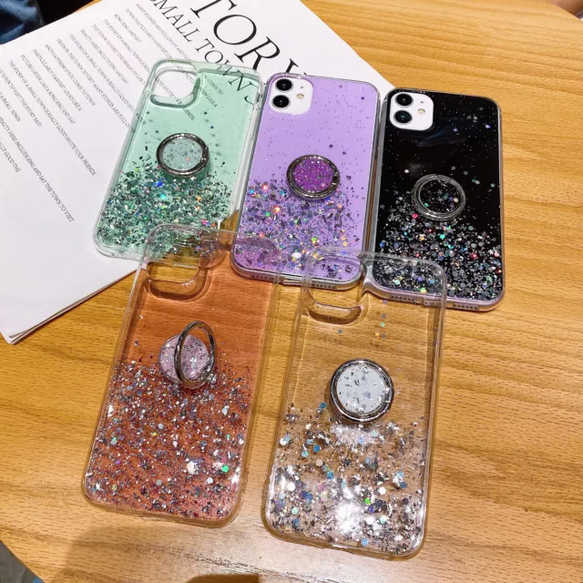 For Samsung +Ring Holder Stand Luxury Glitter Silver Foil Soft Phone Case Cover