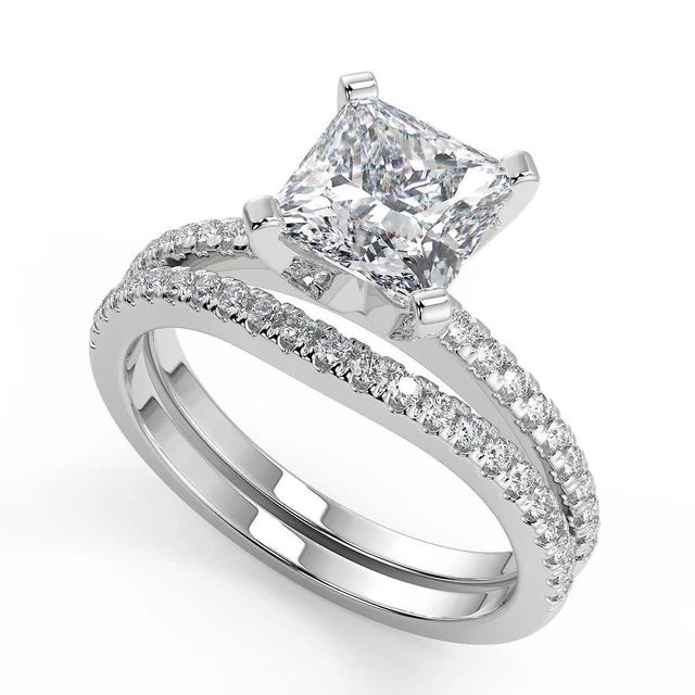 1.35 Ct Princess Cut Pave Classic Diamond Engagement Ring VVS2 F Treated