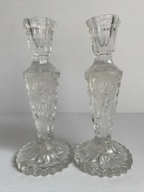 Vintage Pair of Heavy Crystal Candlestick Taper Candle Holder with Etched Roses