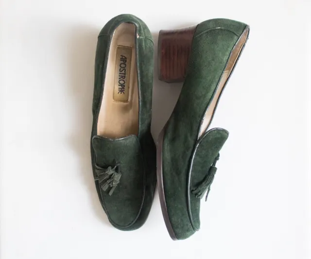 Apostrophe | Vintage 70’s/80’s Dark Green Suede Wood Chunk Loafer Heels | Size 9
