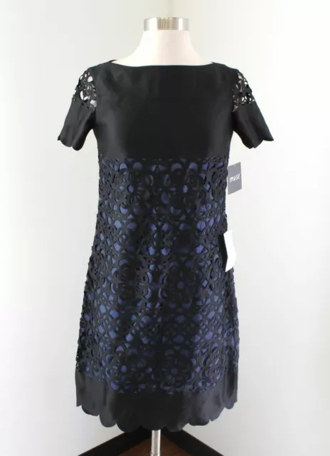 NWT Muse Black Blue Laser Cut Eyelet Scalloped Dress Size 0 Floral Shift