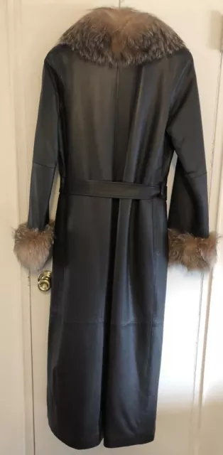 The Fur Vault 52” Leather & Fox Fur Shawl Collar Coat & Belt Brown/Crystal S 6-8 2