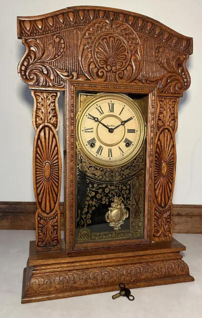 Large Ingraham Pressed Oak Gingerbread Kitchen Mantel Table Shelf Clock