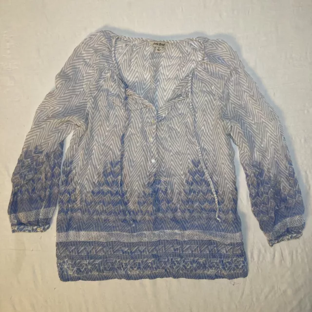 Lucky Brand Shirt Womens Small Boho Embroidered Peasant Blouse Blue Top