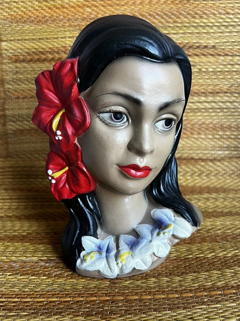 RARE 1950s ORIGINAL HAWAIIAN GIRL BUST, CHALK WARE LEGO,  ALOHA HULA TIKI