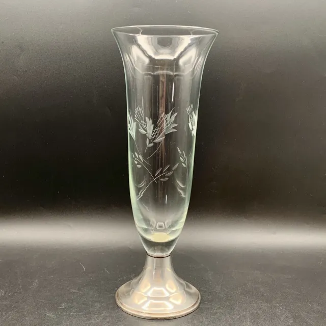 Newport Etched Glass Vase w/ Sterling Silver Cement Filled Base 11 1/2" H Vtg